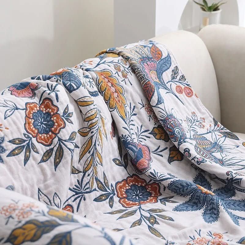 CottonBloom Blanket – Rustikale Baumwoll-Decke mit Blumenmuster, Wende-Design