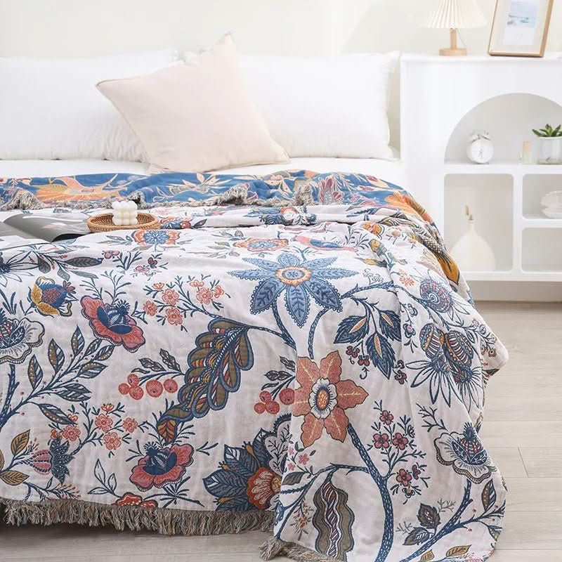 CottonBloom Blanket – Rustikale Baumwoll-Decke mit Blumenmuster, Wende-Design