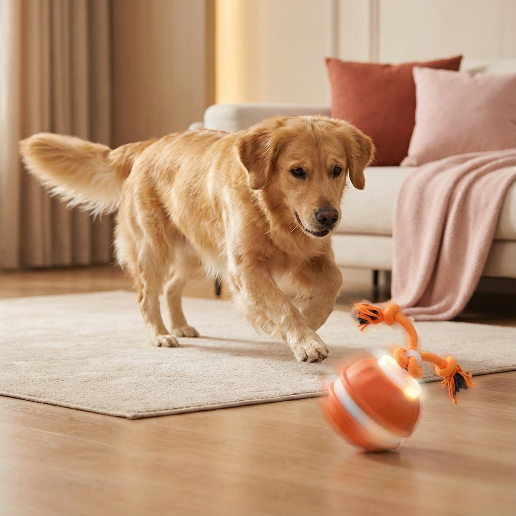 Robuster Hunde Spielball mit Bewegunssensor und Zugseil in Hundefarben