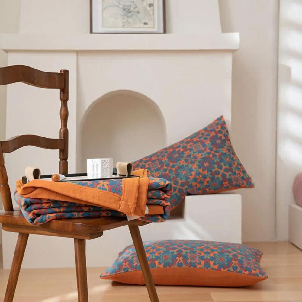 Family relaxing under six-layer cotton blanket