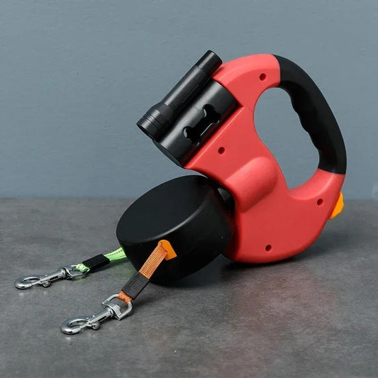 Bordeaux Duo – Guinzaglio doppio con LED e distributore di sacchetti per due cani