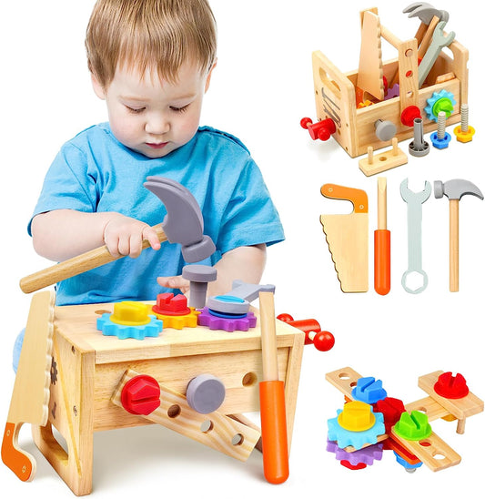 Cassetta degli attrezzi WoodCraft per bambini – Set di attrezzi in legno per gioco creativo e sviluppo motorio dai 6 mesi in su