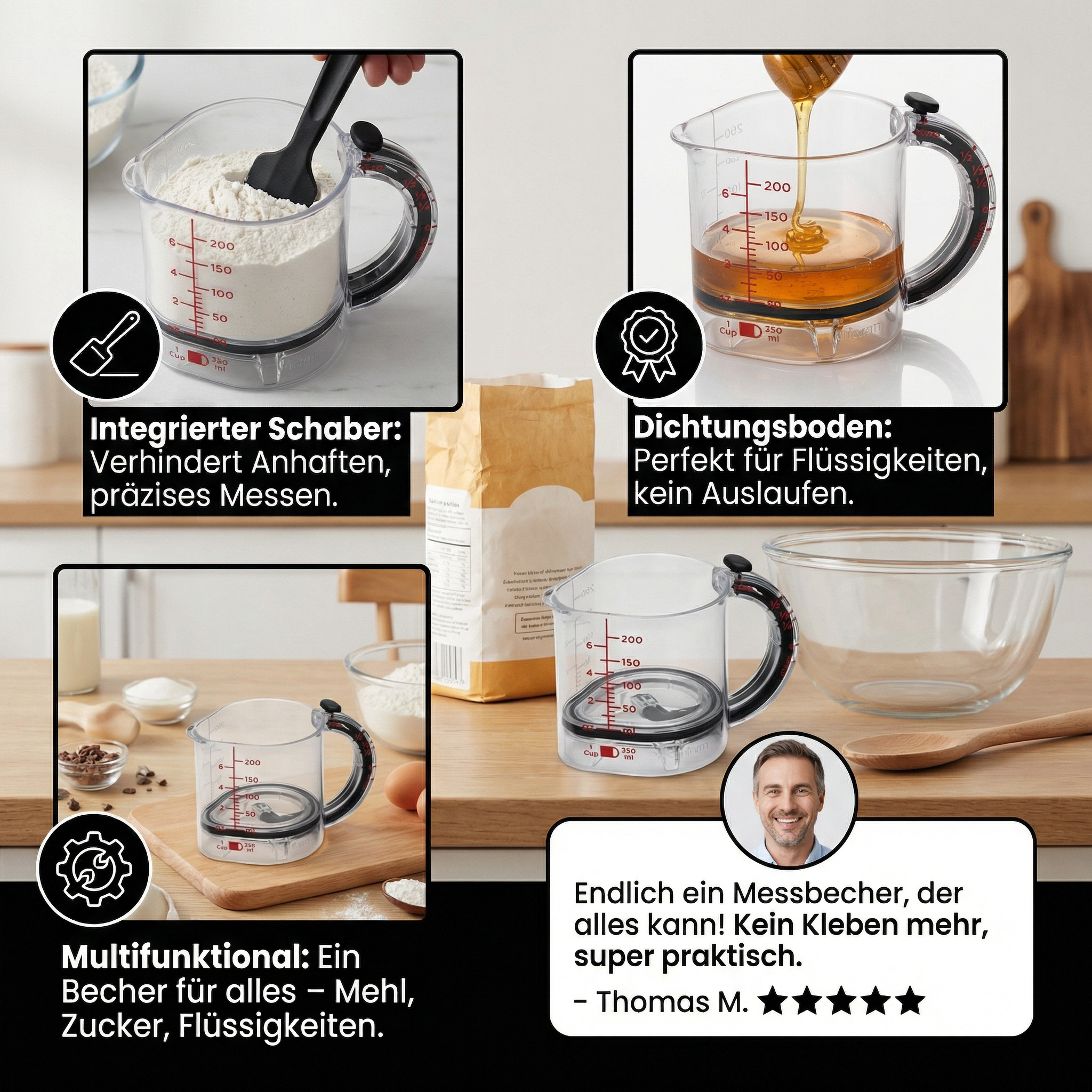Verstellbarer Messbecher – Multifunktionaler Küchenhelfer mit Schaber und Dichtungsboden