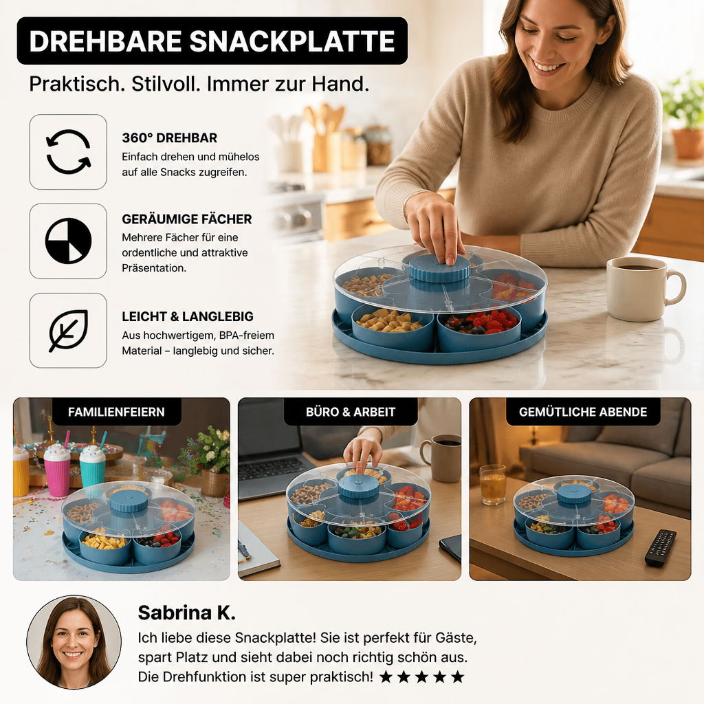 Drehbare Snackplatte mit Fächern – Rotierendes Serviertablett für Snacks & Süßigkeiten