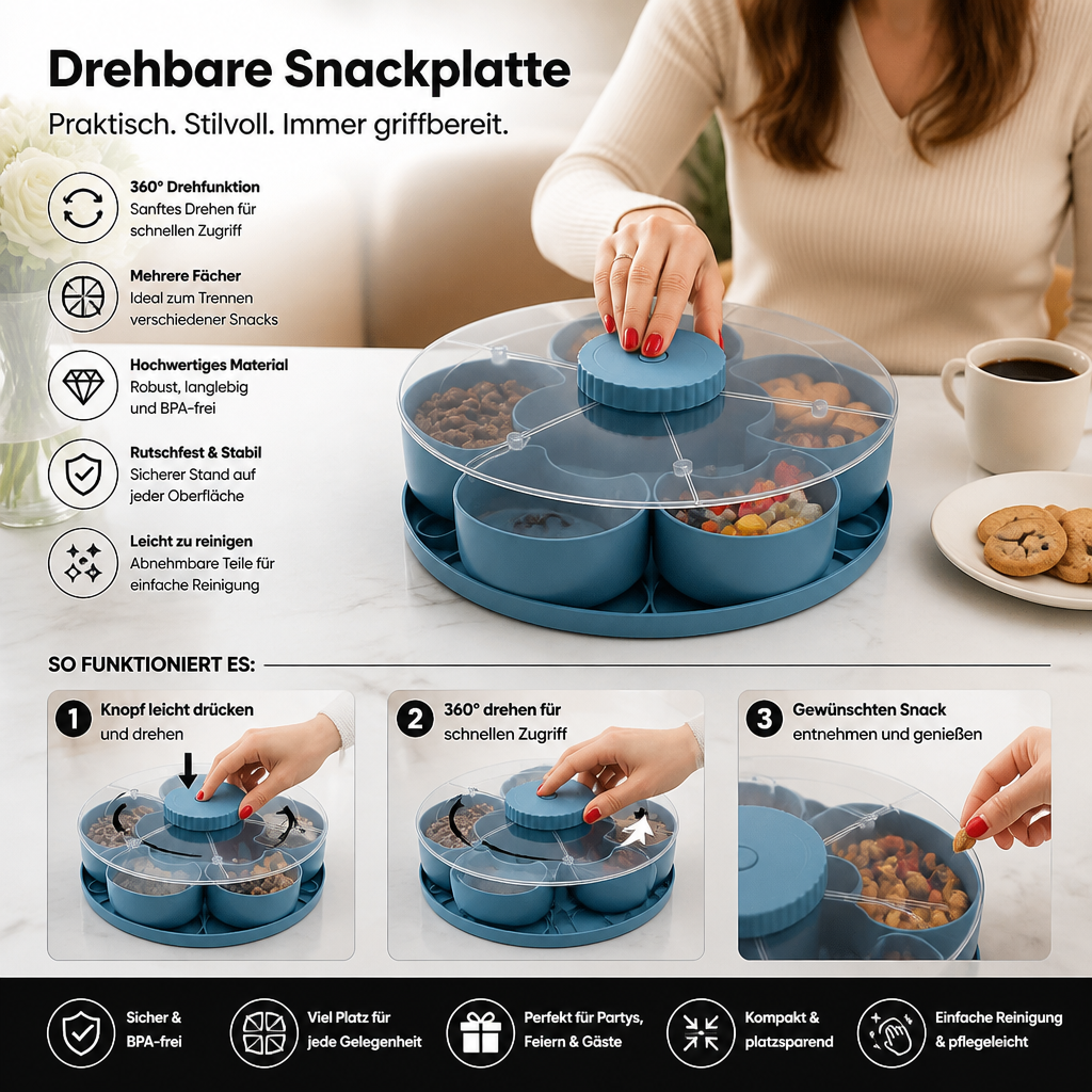 Drehbare Snackplatte mit Fächern – Rotierendes Serviertablett für Snacks & Süßigkeiten