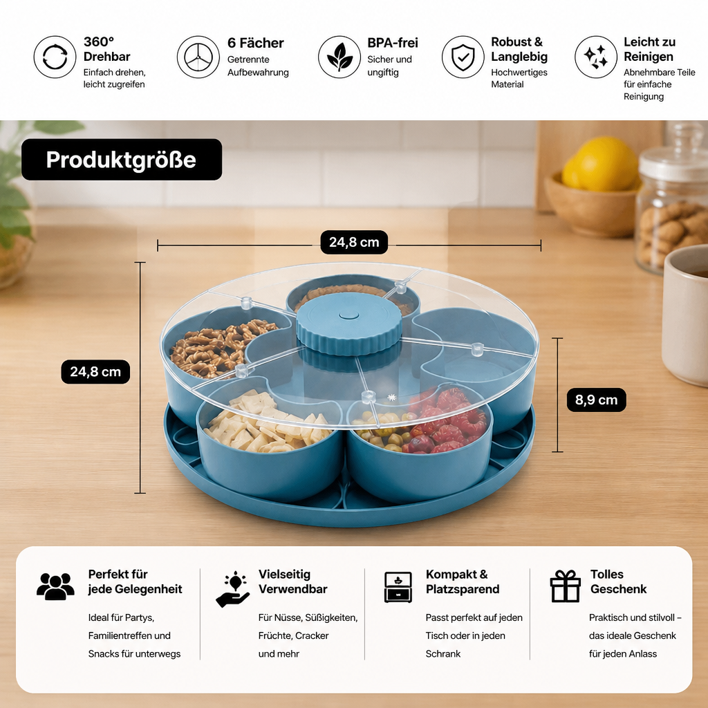 Drehbare Snackplatte mit Fächern – Rotierendes Serviertablett für Snacks & Süßigkeiten