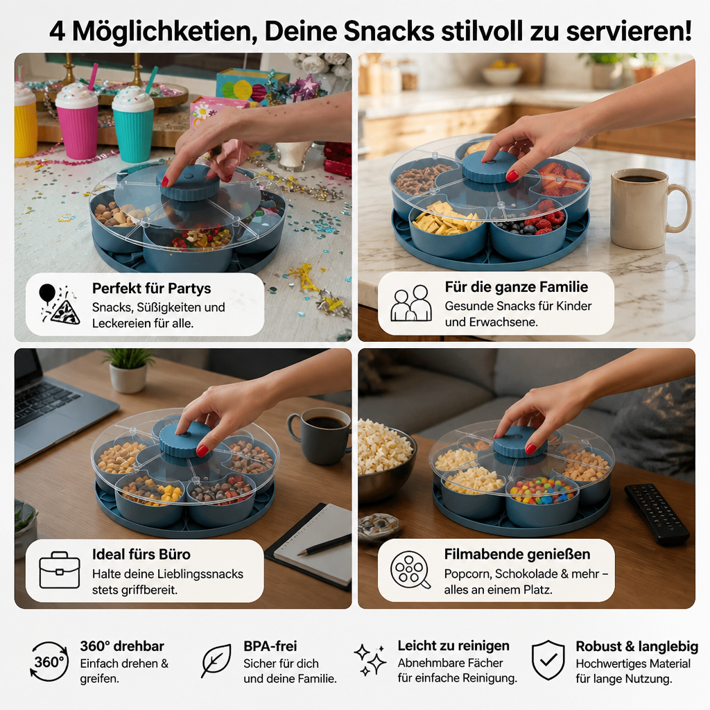 Drehbare Snackplatte mit Fächern – Rotierendes Serviertablett für Snacks & Süßigkeiten