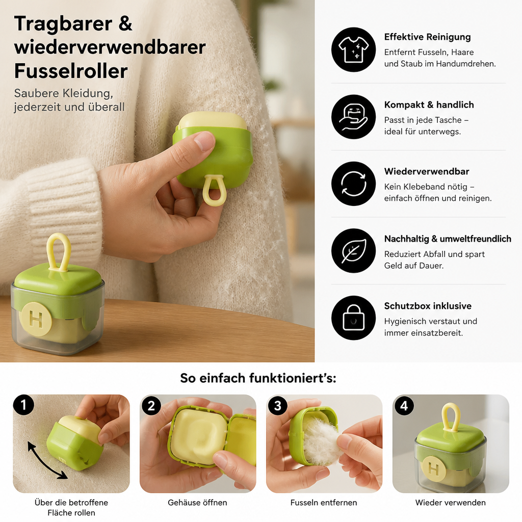 Tragbarer und wiederverwenbarer Fusselroller