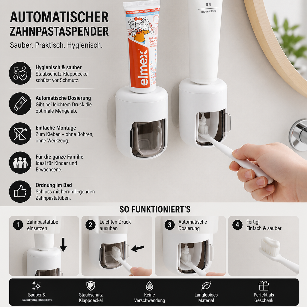 Wandmontierter Automatischer Zahnpastaspender mit Staubschutz Klappdeckel