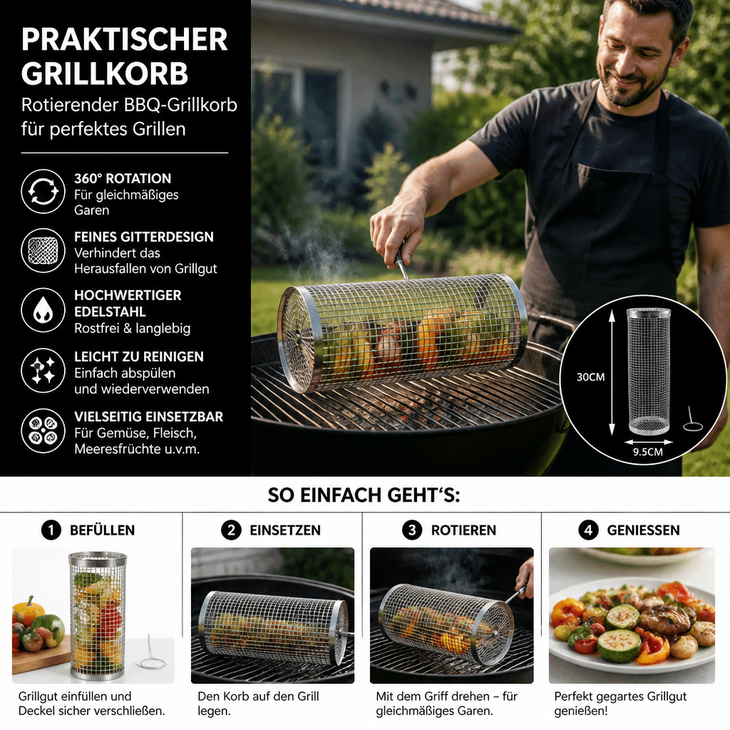 Praktischer Grillkorb aus Edelstahl – rotierender BBQ-Grillkorb für Outdoor-Grillen