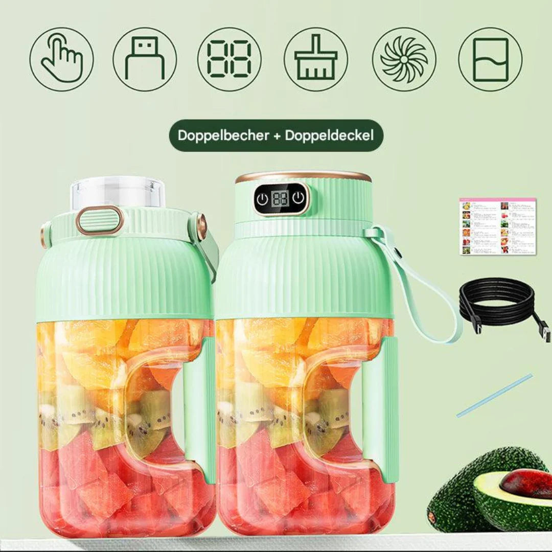 Tragbarer Multifunktionsmixer mit Doppeldeckel und USB-Ladefunktion – für Smoothies und Frischhaltedosen
