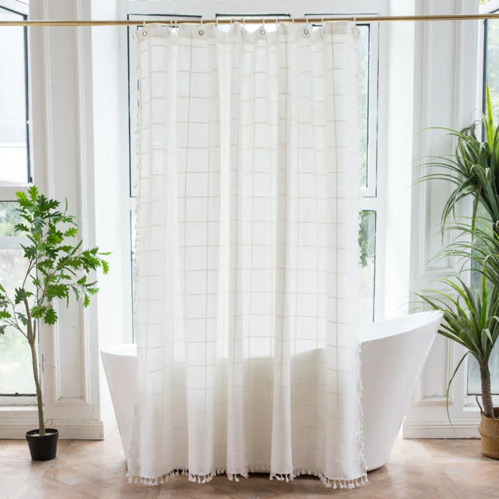COTTONHAVEN Tenda da doccia – Morbido tessuto di cotone con frange e funzione impermeabile