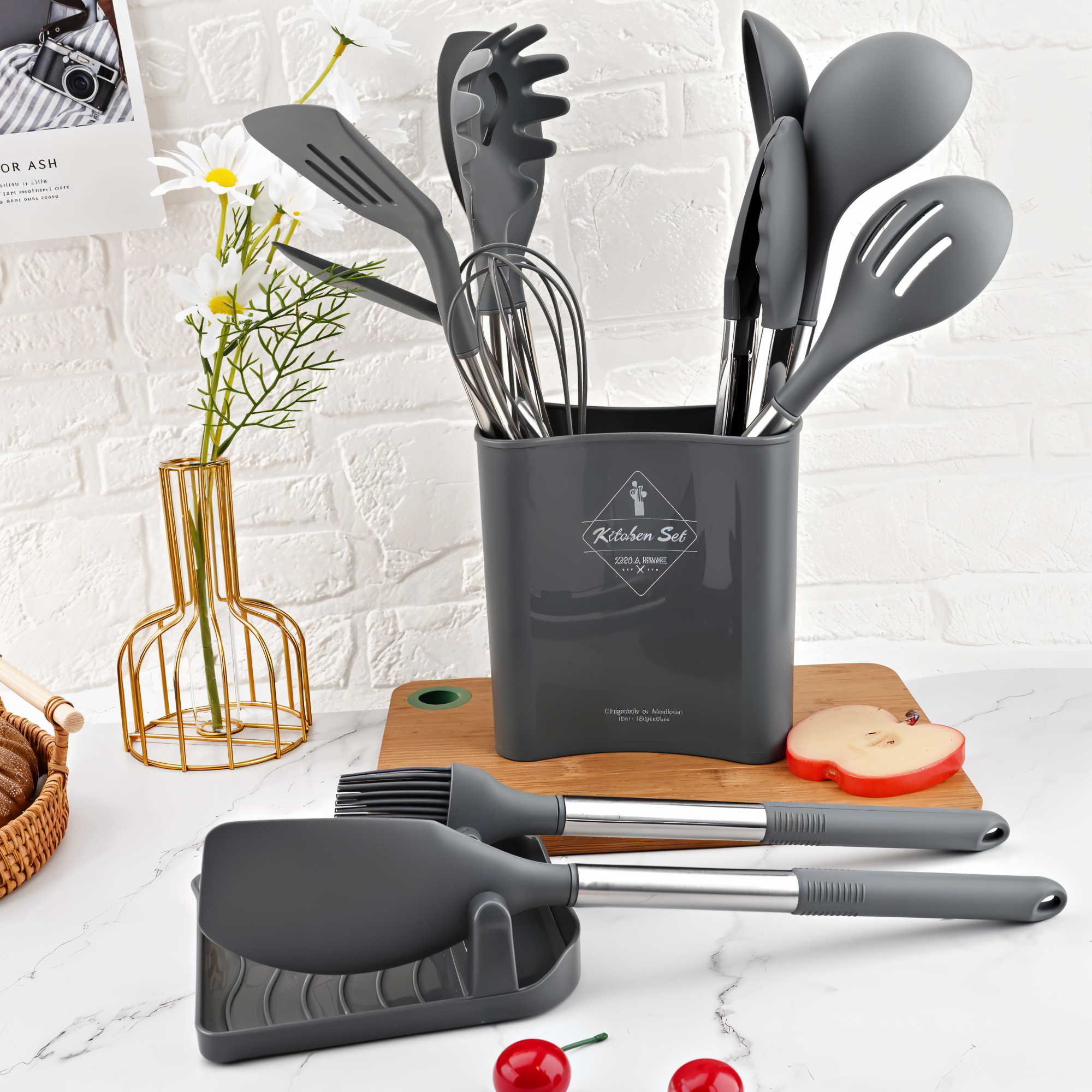 Culinara Pro – Set de utensilios de cocina de silicona de 12 piezas con mangos de acero inoxidable