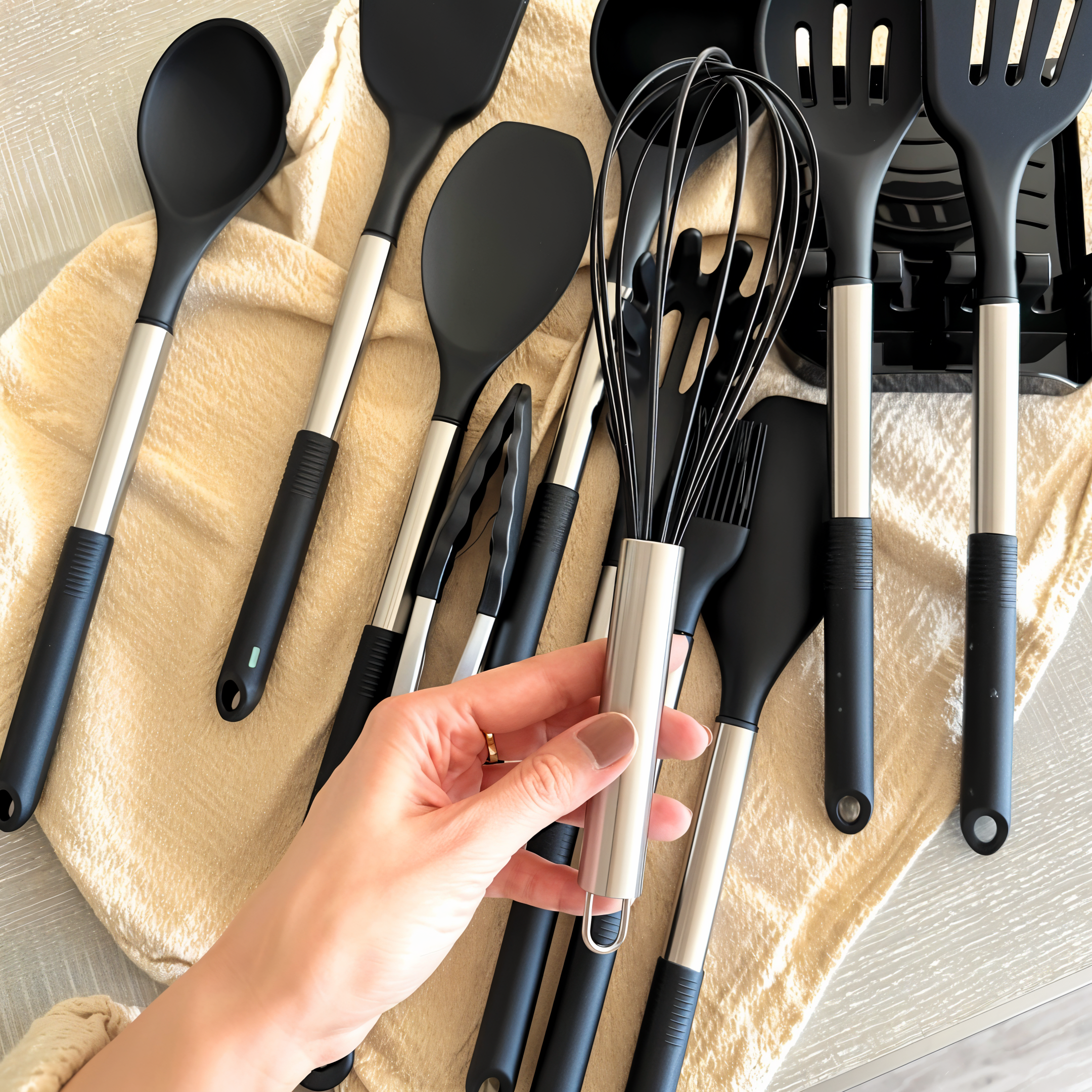Culinara Pro – Set de utensilios de cocina de silicona de 12 piezas con mangos de acero inoxidable