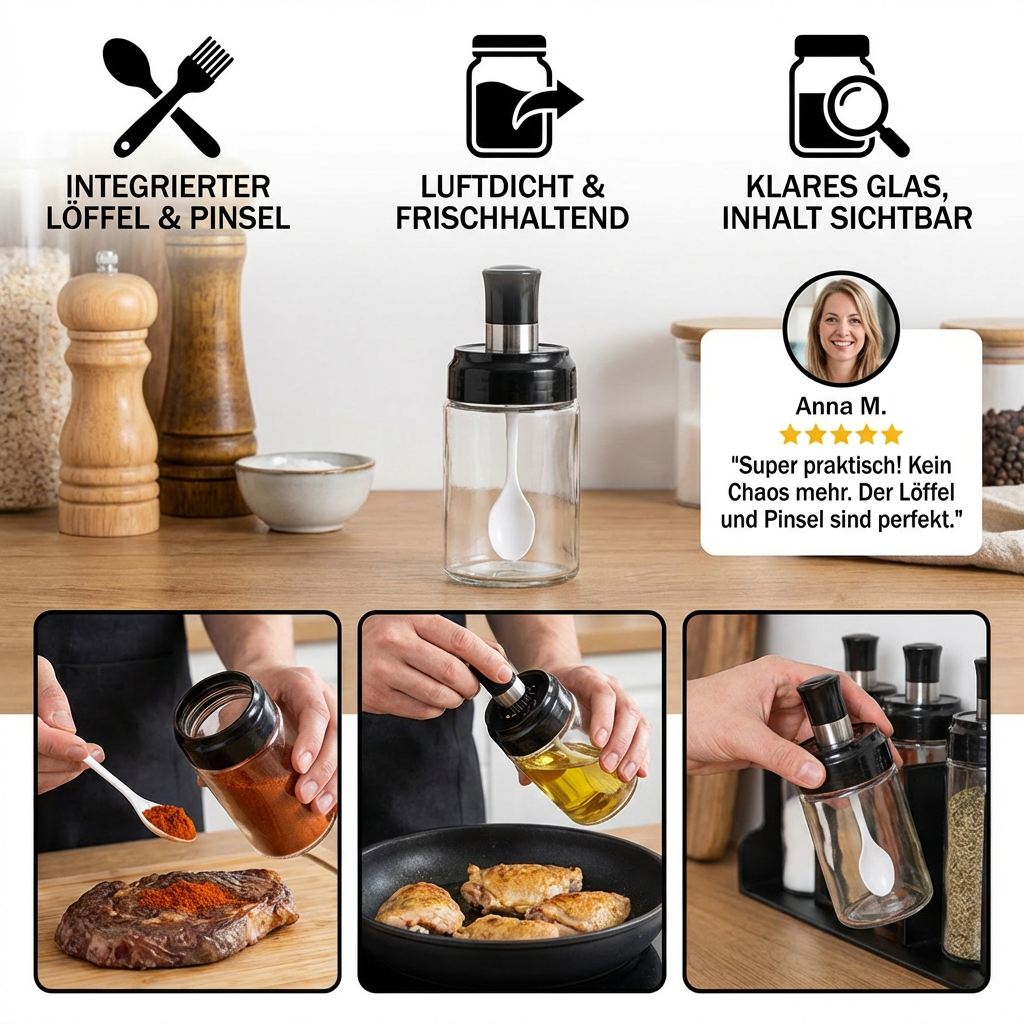 Gewürzglas mit Löffel & Pinsel - Praktischer Küchenbehälter mit Zubehör