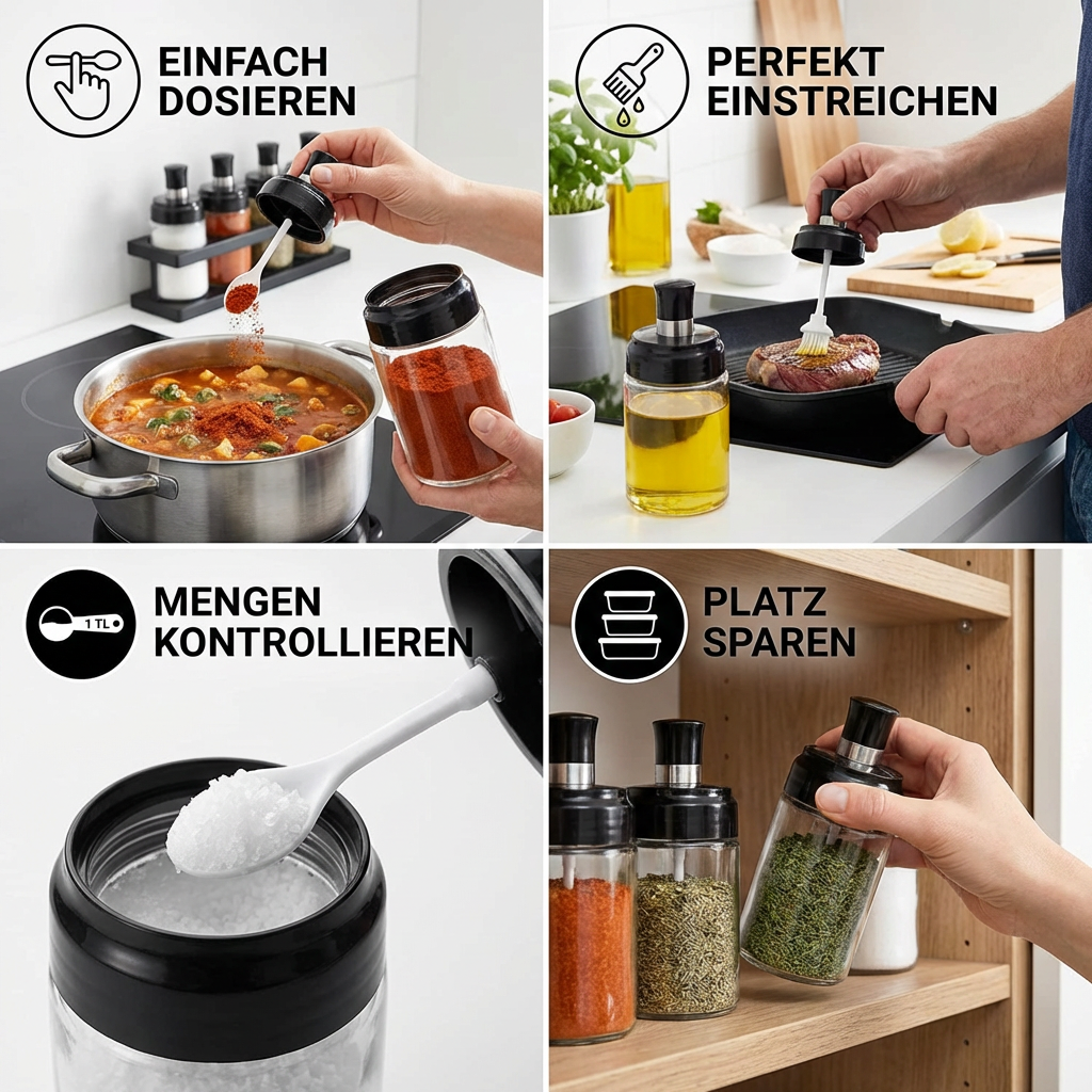 Gewürzglas mit Löffel & Pinsel - Praktischer Küchenbehälter mit Zubehör