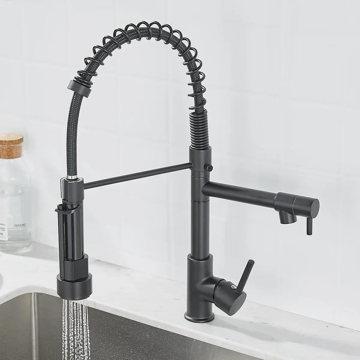 Robinet de cuisine DUALFLOW – Robinet noir avec double sortie et commande à levier unique