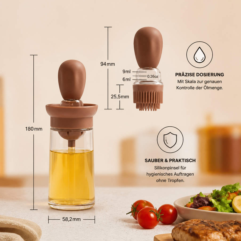 Ölspender mit Silikonpinsel – Präzise Dosierflasche zum Kochen, Grillen & Backen
