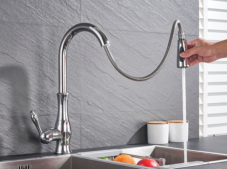 FLEXFLOW Robinet de cuisine – Robinet de cuisine en acier inoxydable avec douchette extractible et design flexible