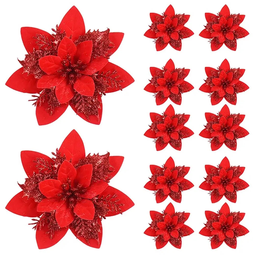 GLIMFLOR – 14,5 cm große glitzernde Weihnachtsblumen in Rosa, Rot und Gold 11