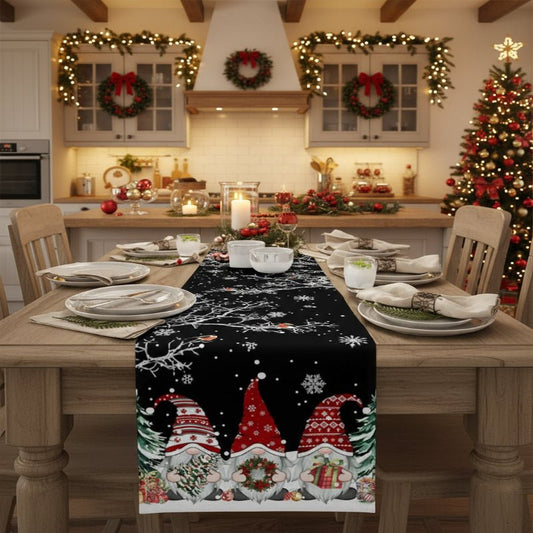 GNOMELINEN – Festlicher Weihnachtstischläufer aus Leinen mit Schneeflockenmotiv und Wichtelmotiv 0