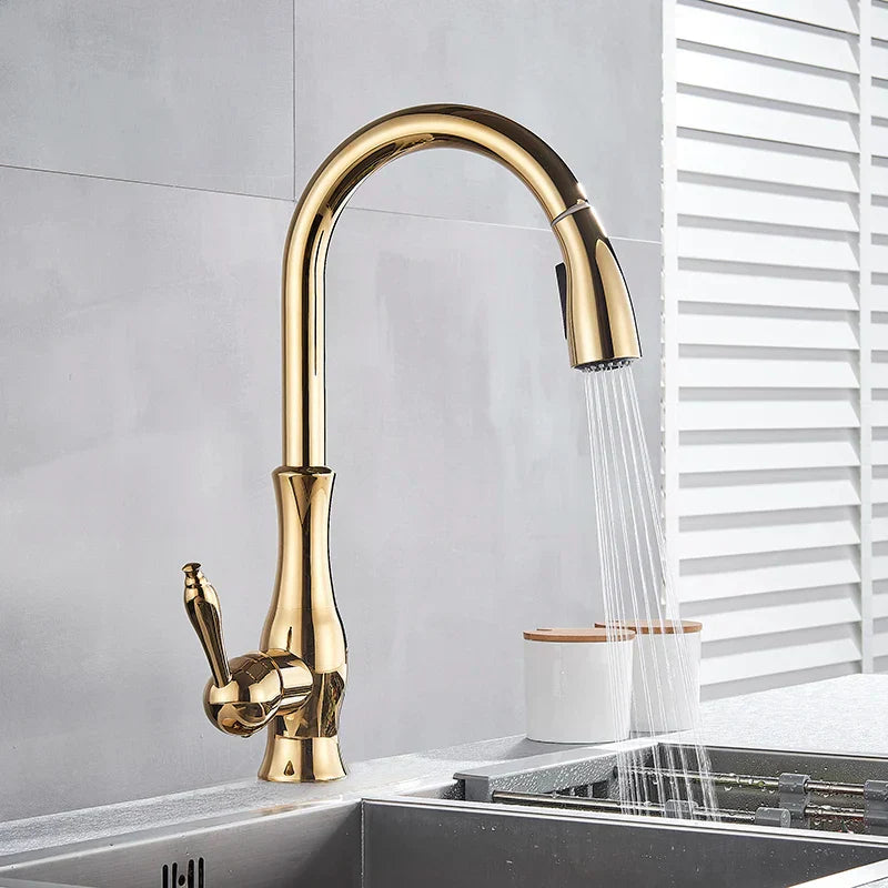 GOLDSTREAM Mitigeur de cuisine – Robinet de cuisine doré avec douchette extractible et bec pivotant à 360°