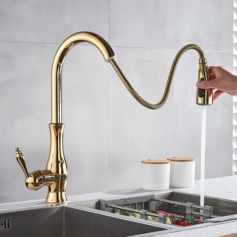 GOLDSTREAM Mitigeur de cuisine – Robinet de cuisine doré avec douchette extractible et bec pivotant à 360°