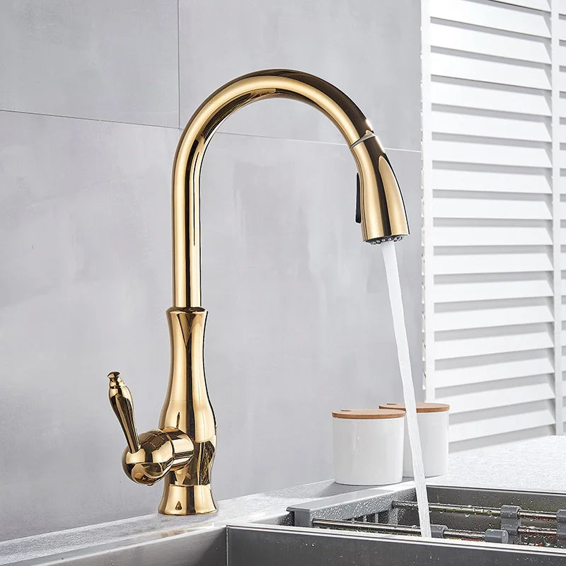 GOLDSTREAM Mitigeur de cuisine – Robinet de cuisine doré avec douchette extractible et bec pivotant à 360°