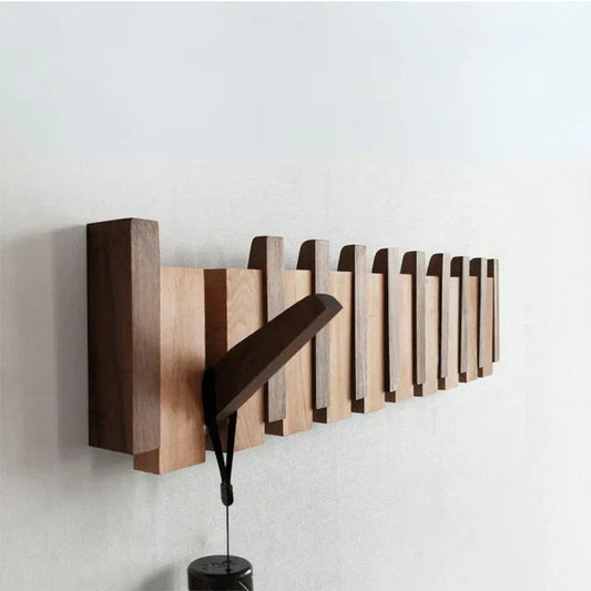 HARMONYCOAT Estante de pared – Perchero de pared de madera maciza con diseño de piano y 5 ganchos abatibles