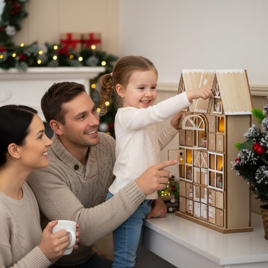 HOLLYHOME – Adventskalender in Form eines hölzernen Weihnachtshauses mit warmen LED-Lichtern 8