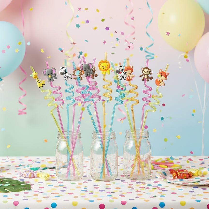 JUNGLESTRAWS – Wiederverwendbare Plastikstrohhalme mit Tiermotiven für Kinderpartys 0