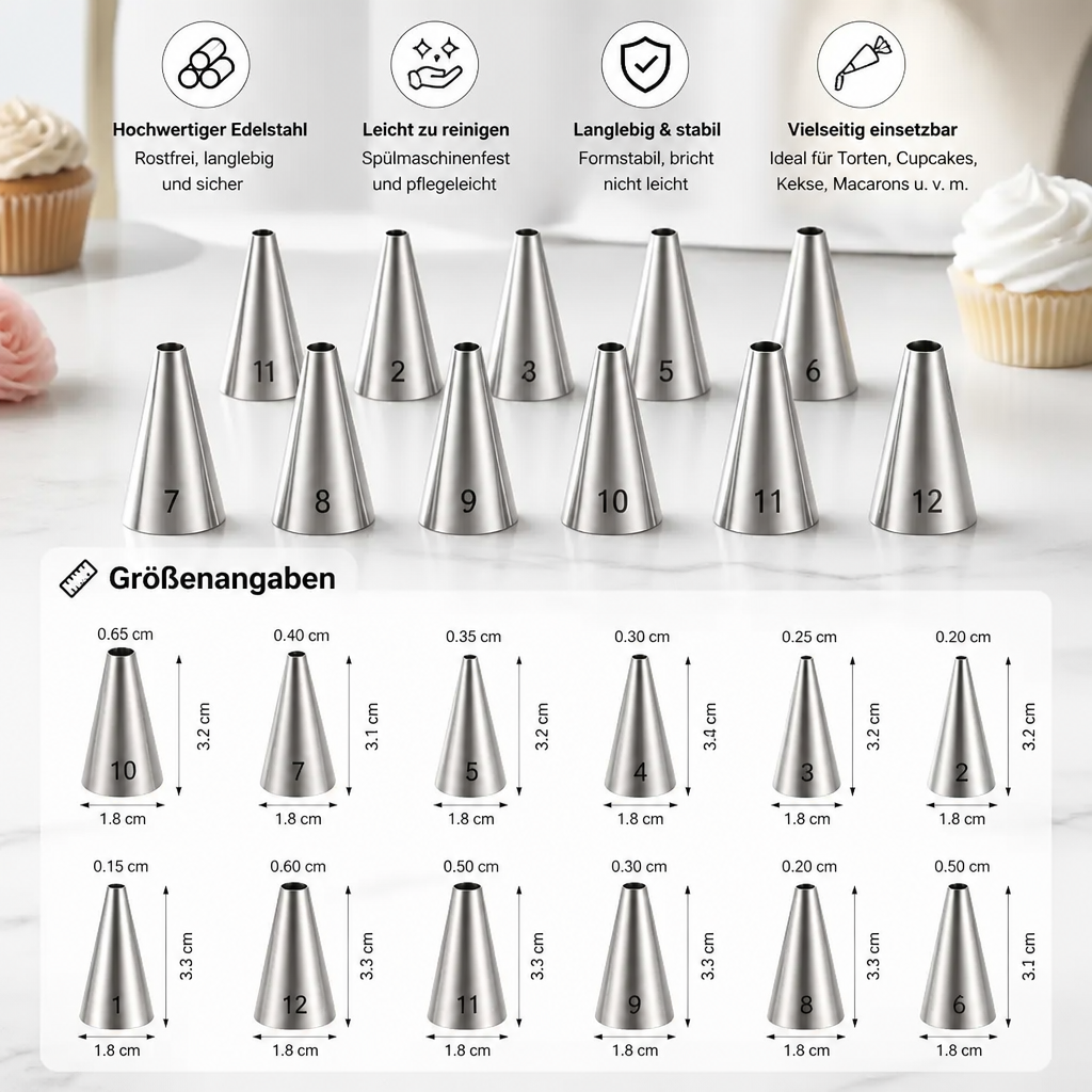 12-teiliges Spritztüllen-Set – Präzise Dekoration für Torten, Cupcakes & Macarons