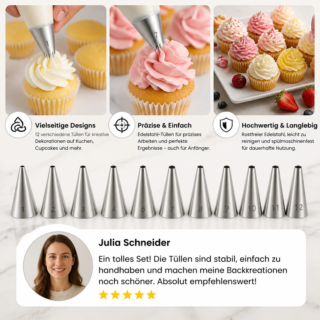 12-teiliges Spritztüllen-Set – Präzise Dekoration für Torten, Cupcakes & Macarons