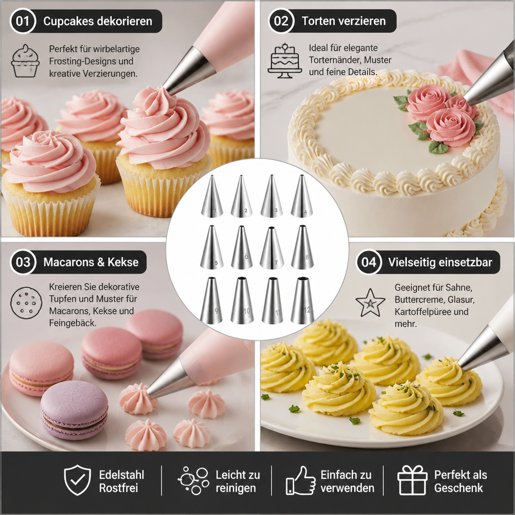 12-teiliges Spritztüllen-Set – Präzise Dekoration für Torten, Cupcakes & Macarons