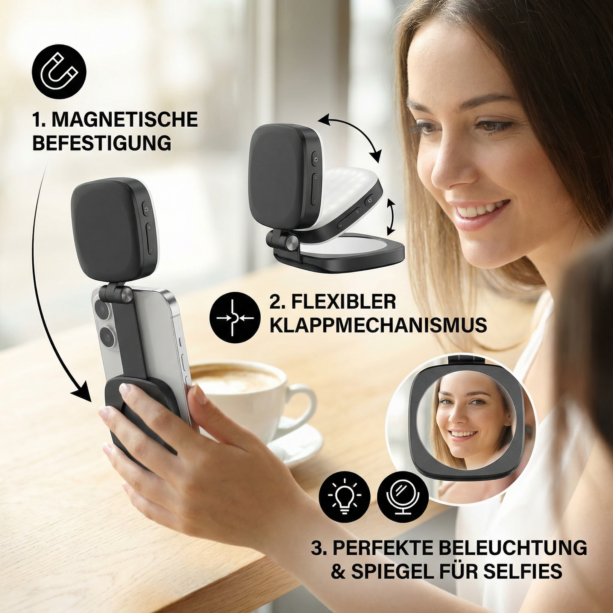 Magnetisches LED Selfie- & Beauty-Licht für Smartphones – Klappbar, tragbar mit Spiegel