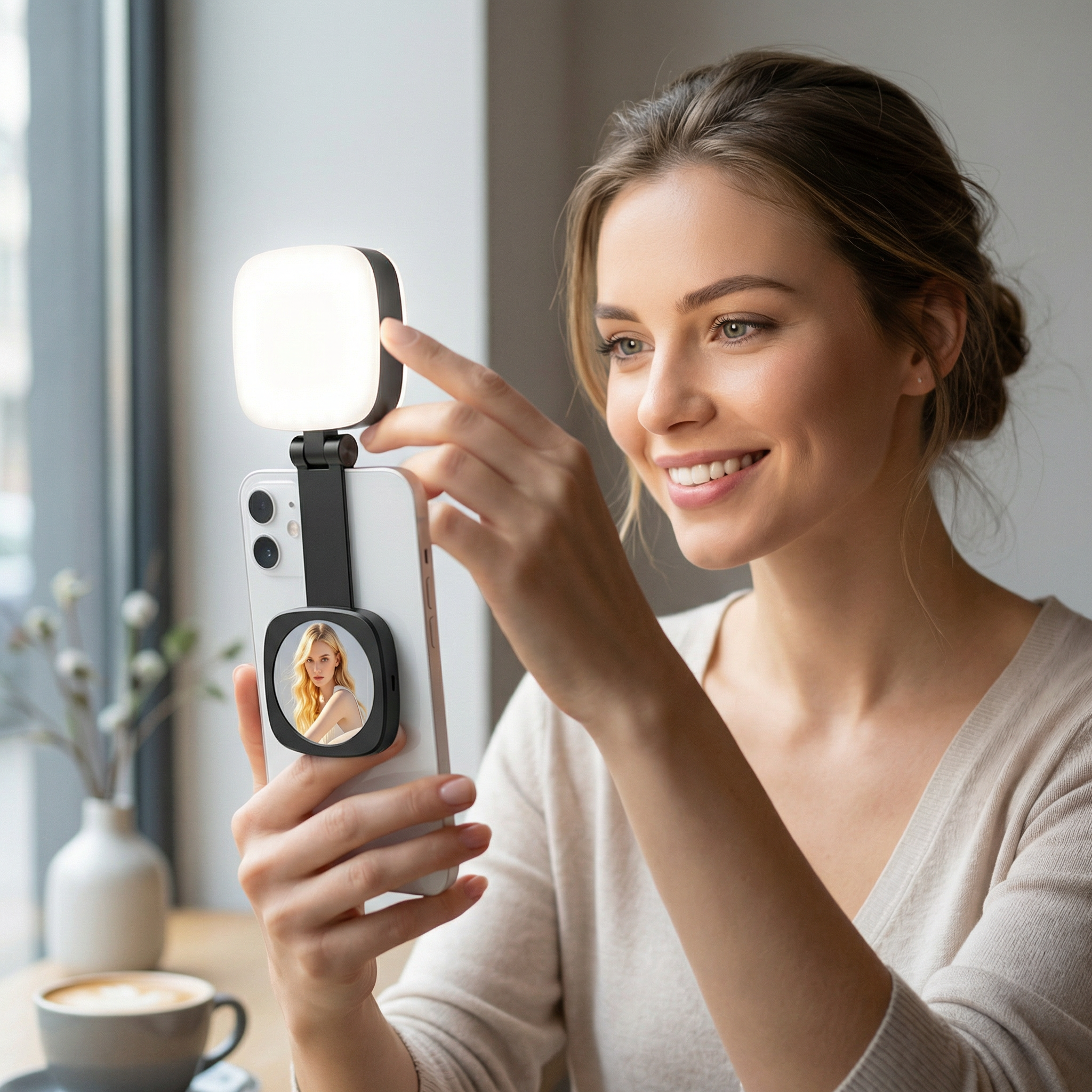 Magnetisches LED Selfie- & Beauty-Licht für Smartphones – Klappbar, tragbar mit Spiegel