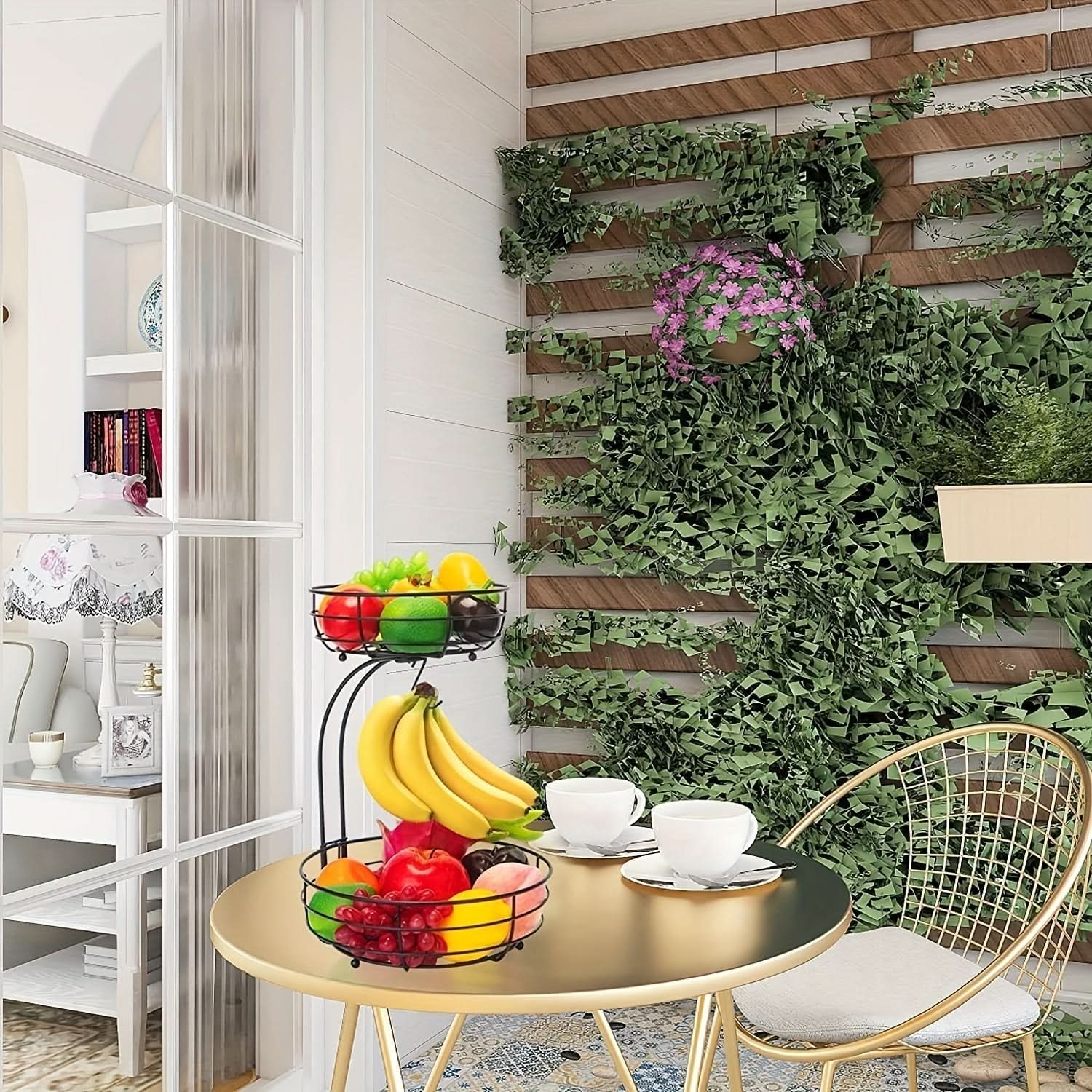 Kitchenova Fruit Haven | 2-stöckiger Obstkorb aus Metall mit Bananenhalter | Moderner Küchen-Organizer | Robuste Aufbewahrung auf der Theke 2