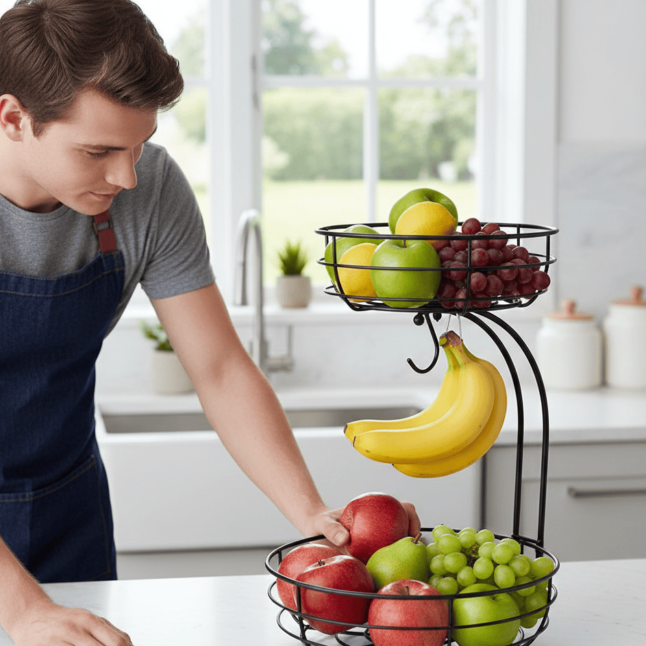 NORDIVA – 2-Etagen Obstständer mit Bananenhalter im Skandinavischen Design – Wohnish