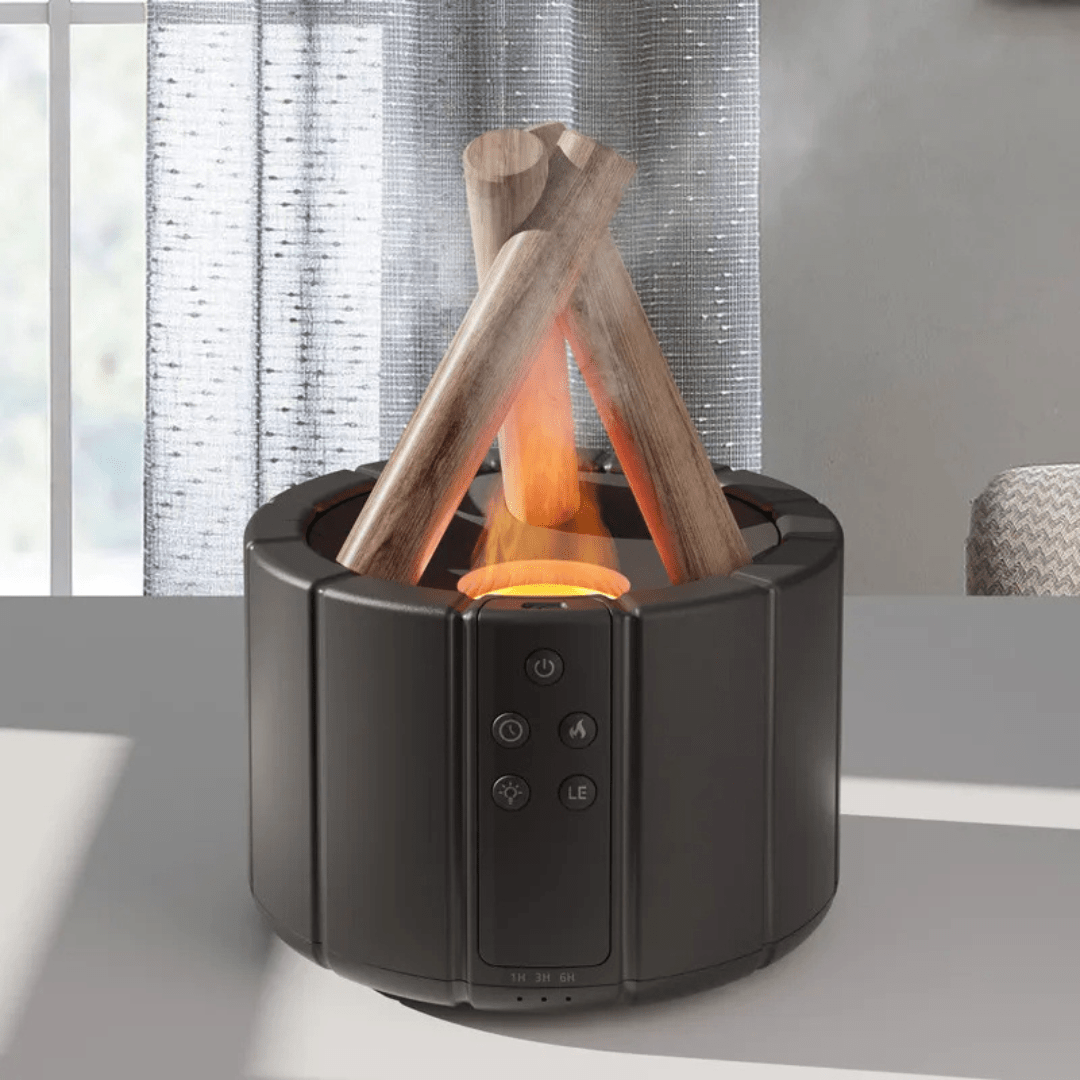 AuroMist Ultraschall-Flammen-Luftbefeuchter | Gemütlicher Luftbefeuchter mit Lagerfeuerlicht und Aromatherapie-Funktion