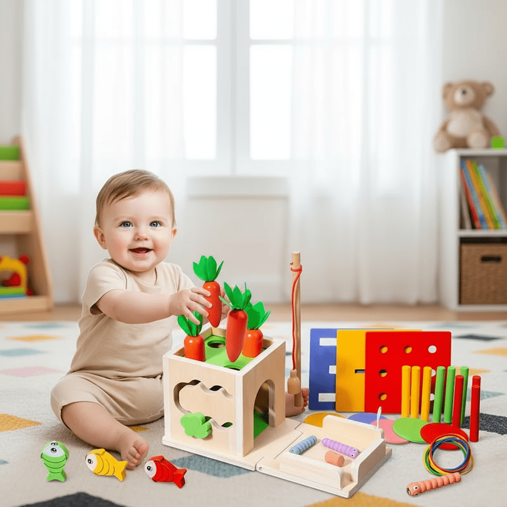 TinyTrail PlayCube – 8-in-1 Montessori-Spielbox aus Holz für Babys