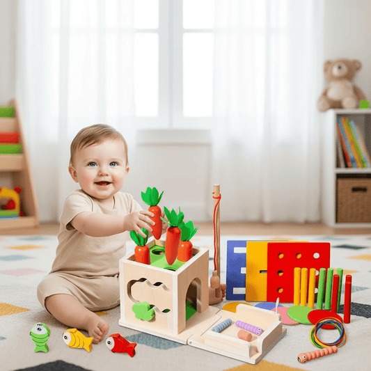 TinyTrail PlayCube – 8-in-1 Montessori-Spielbox aus Holz für Babys