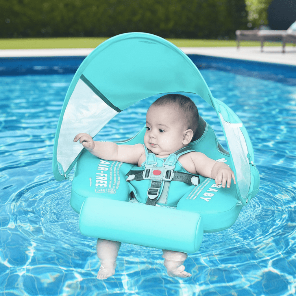 Baby Swim Ring with Canopy – Aufblasbarer Babyschwimmring mit Sonnenschutz & Tierdesign | Für sicheres Planschen im Sommer