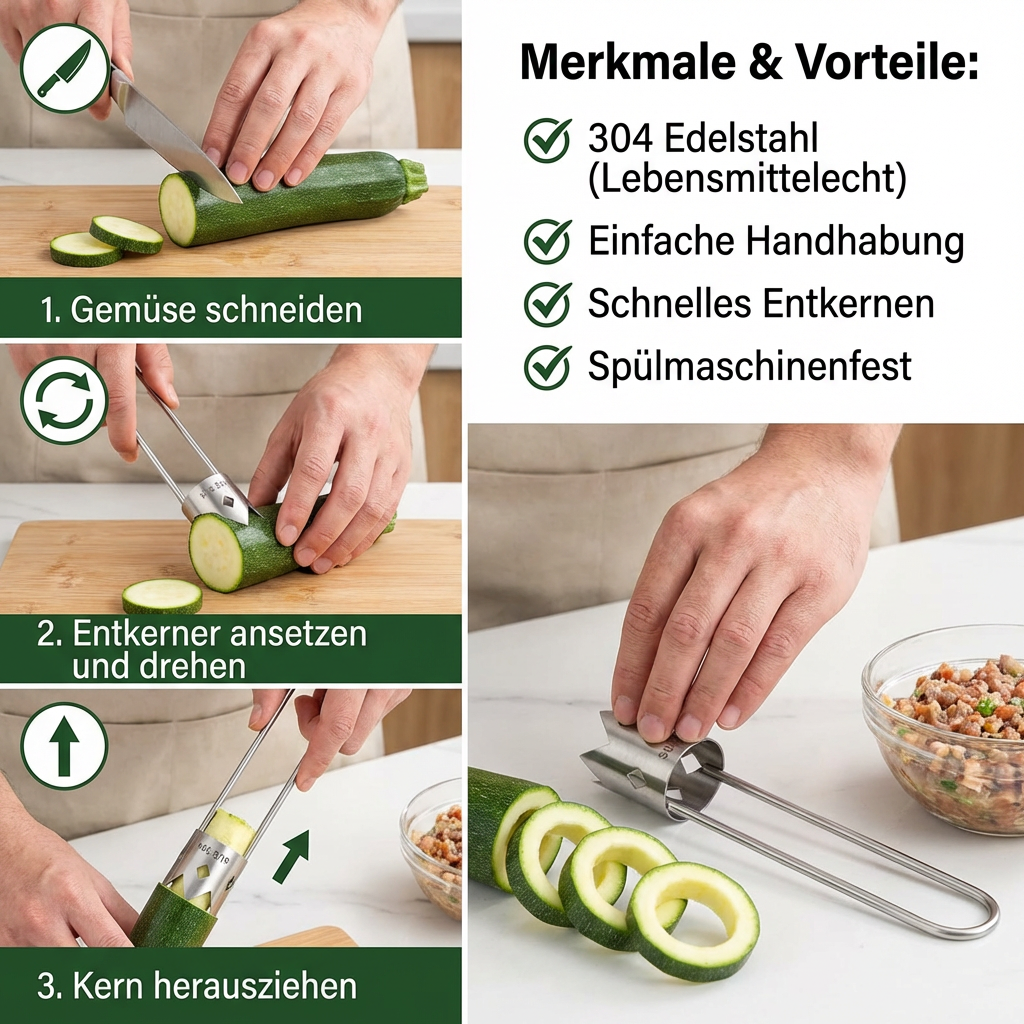 Edelstahl Obstentkerner – Multifunktionales Werkzeug zum einfachen Entfernen von Kernen bei Obst & Gemüse