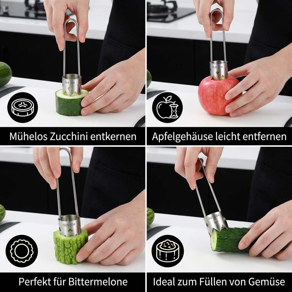 Edelstahl Obstentkerner – Multifunktionales Werkzeug zum einfachen Entfernen von Kernen bei Obst & Gemüse