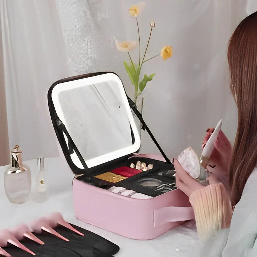 Mirrorglam Bolsa de Maquillaje – Espejo LED y Organizador para un Estilo Perfecto en Movimiento