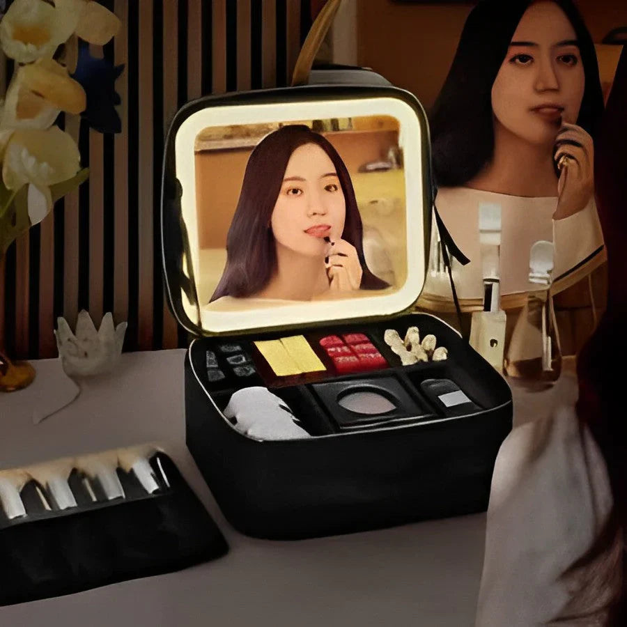 Mirrorglam Bolsa de Maquillaje – Espejo LED y Organizador para un Estilo Perfecto en Movimiento