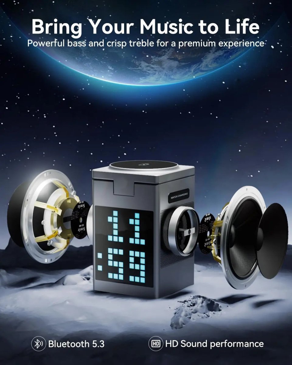 PIXCHARGE – 3-in-1-Kabelloses Ladegerät mit Bluetooth-Lautsprecher und LED-Uhranzeige 4