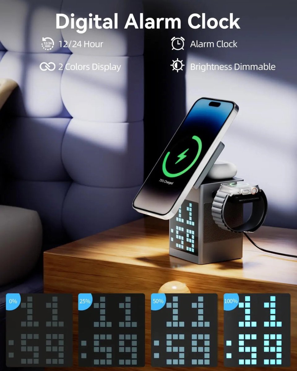 PIXCHARGE – 3-in-1-Kabelloses Ladegerät mit Bluetooth-Lautsprecher und LED-Uhranzeige 7