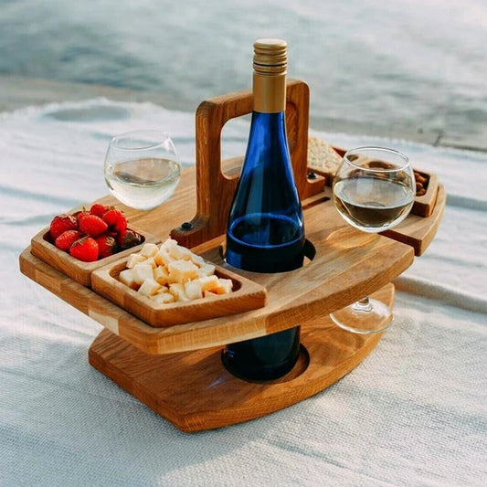 Mesa de picnic portátil de madera – Mesa de picnic plegable de madera con portavasos de cristal y compartimentos para snacks | Para jardín, playa y viajes