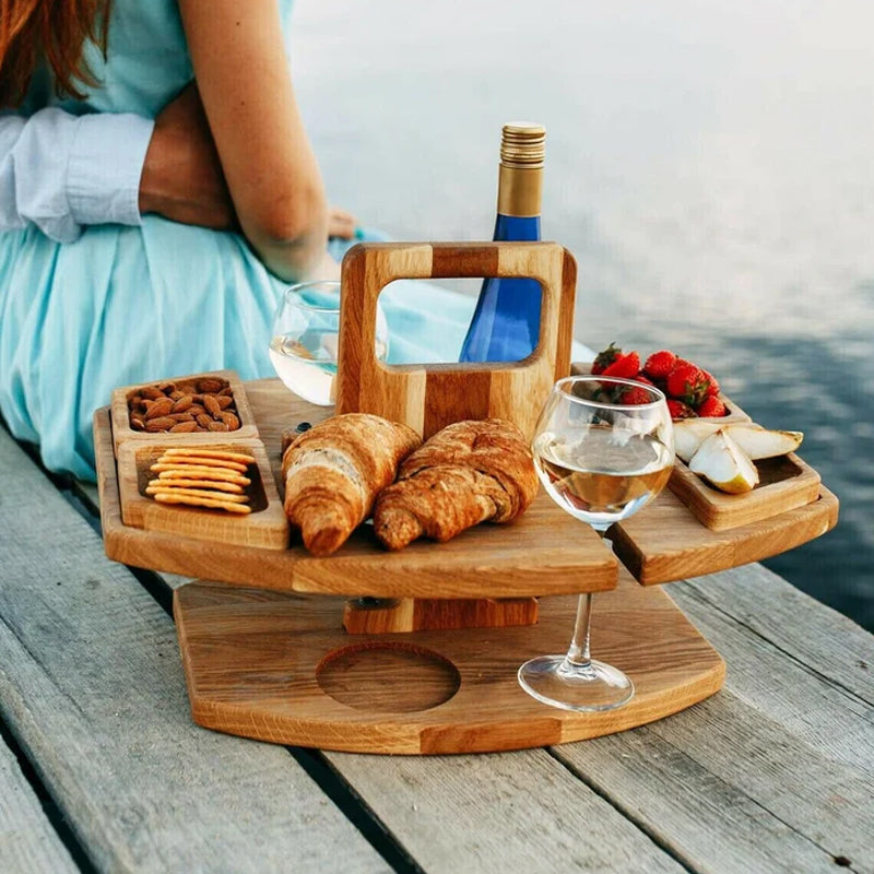 Mesa de picnic portátil de madera – Mesa de picnic plegable de madera con portavasos de cristal y compartimentos para snacks | Para jardín, playa y viajes